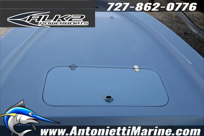 Slide: The Image of 2026 ALK2 Powerboats 17HS deck, featuring storage hatch and branding details. - 18