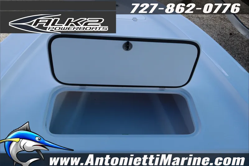 Slide: The Image of 2026 ALK2 Powerboats 17HS storage compartment, Antonietti Marine branding, contact number displayed. - 19