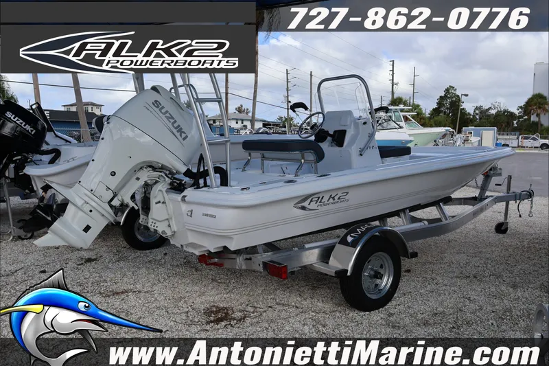 Slide: The Image of 2026 ALK2 Powerboats 17HS on trailer, featuring Suzuki outboard motor, displayed at Antonietti Marine. - 4