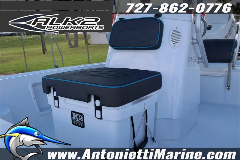 Slide: The Image of 2026 ALK2 Powerboats 17HS interior with cushioned seating and K2 cooler. - 8