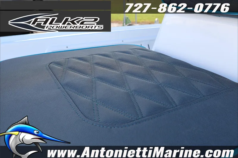 Slide: The Image of 2026 ALK2 Powerboats 17HS seat detail with logo and contact information. - 9