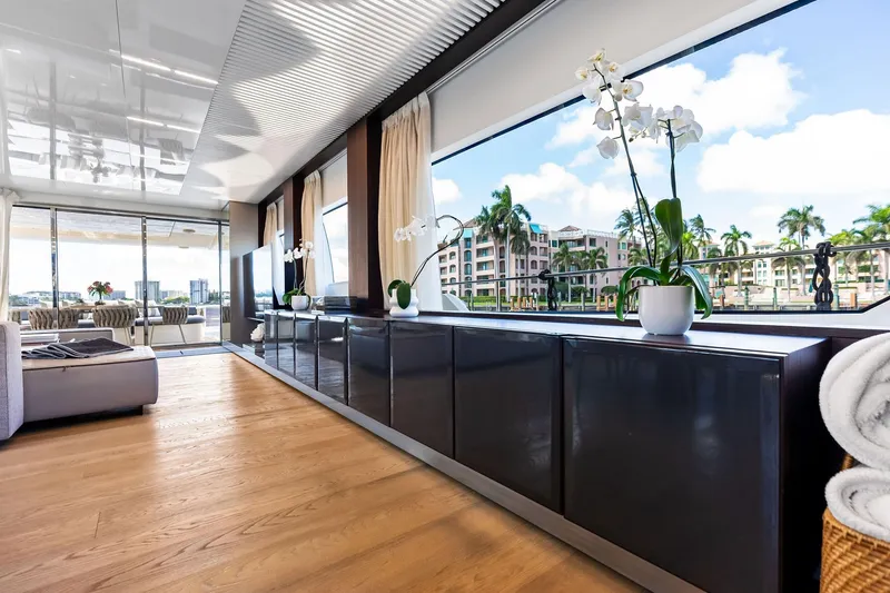 Slide: The Image of Luxurious interior of 2018 Ferretti Yachts 850 Motoryacht with elegant decor and scenic views. - 43