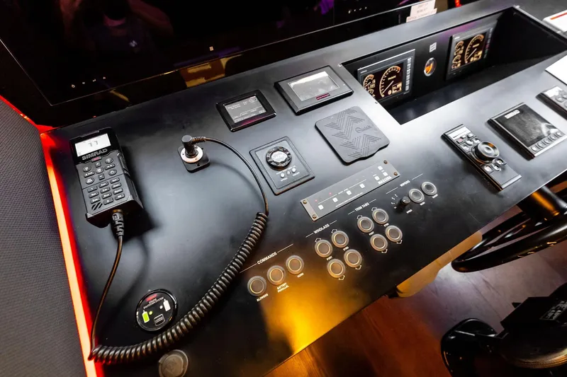 Slide: The Image of Control panel of a 2018 Ferretti Yachts 850 Motoryacht with navigation instruments. - 56