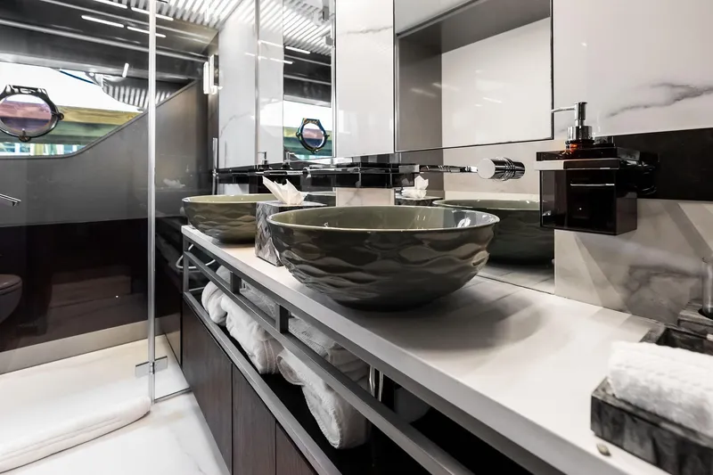 Slide: The Image of Luxurious bathroom on 2018 Ferretti Yachts 850 Motoryacht with modern sinks and elegant design. - 66