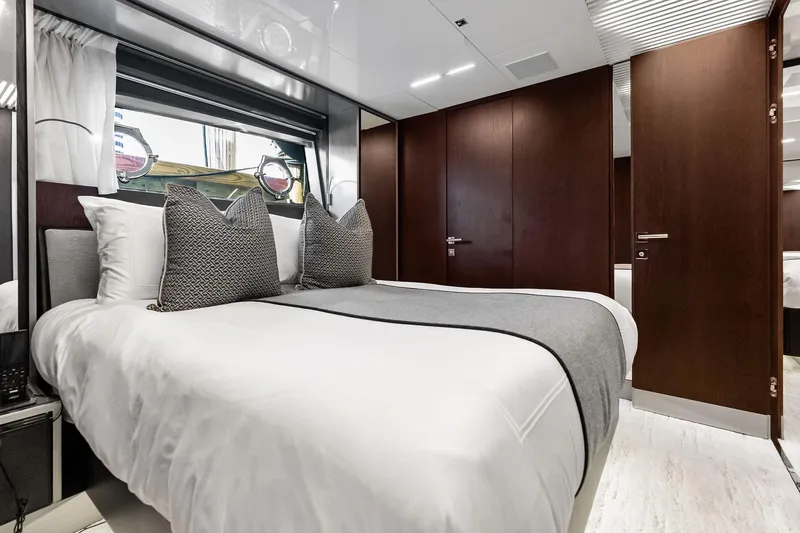 Slide: The Image of Luxurious bedroom interior of 2018 Ferretti Yachts 850 Motoryacht with elegant bedding. - 68