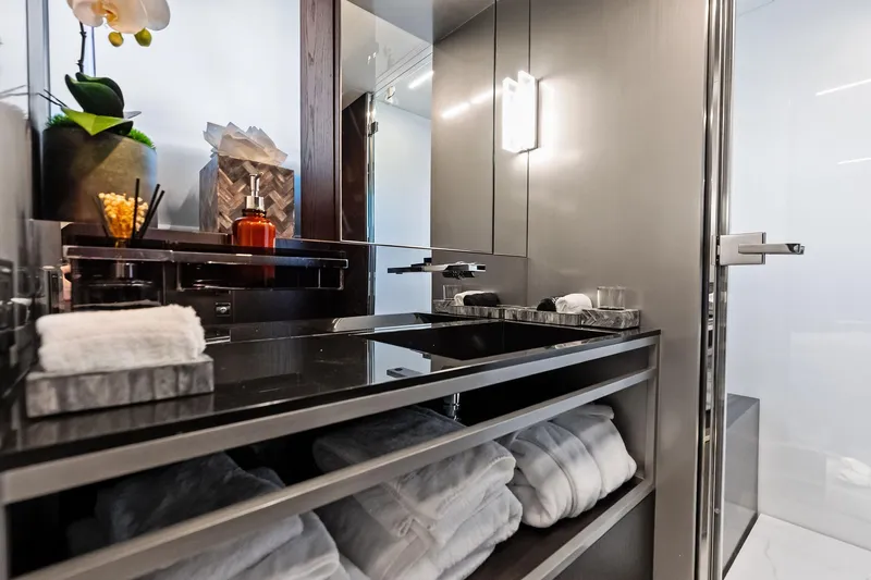 Slide: The Image of Luxurious bathroom interior of 2018 Ferretti Yachts 850 Motoryacht with modern fixtures. - 78