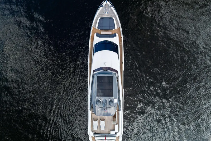 Slide: The Image of Aerial view of 2018 Ferretti Yachts 850 Motoryacht on calm water. - 8