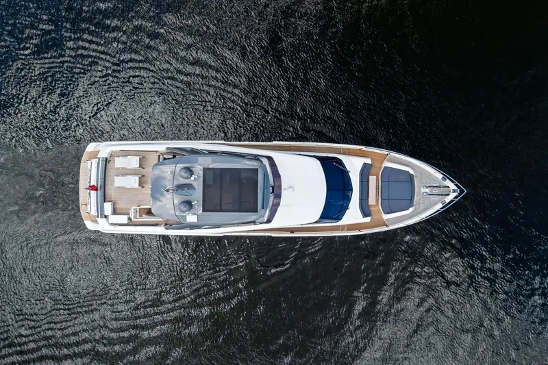 Slide: The Image of Aerial view of 2018 Ferretti Yachts 850 Motoryacht on calm water. - 9