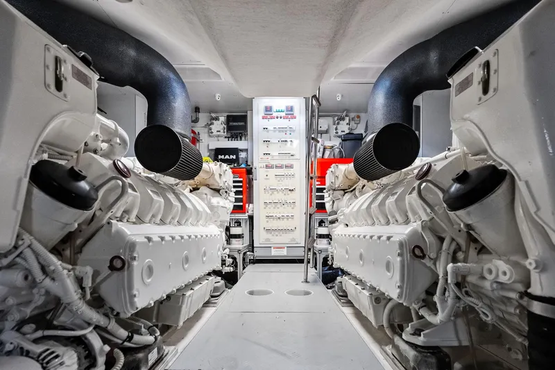 Slide: The Image of Engine room of 2018 Ferretti Yachts 850 Motoryacht with dual engines and control panel. - 90
