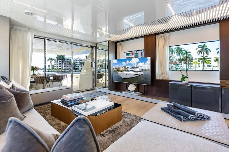 Slide: The Image of Luxurious interior of 2018 Ferretti Yachts 850 Motoryacht with modern decor and large windows. - 39