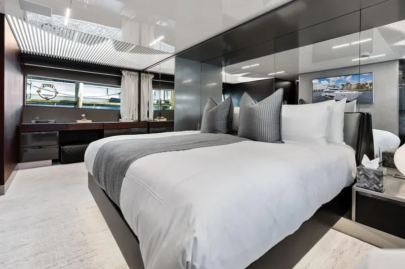 Slide: The Image of Luxurious bedroom interior of 2018 Ferretti Yachts 850 Motoryacht, featuring elegant design and modern amenities. - 63
