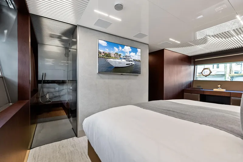 Slide: The Image of Luxurious bedroom interior of 2018 Ferretti Yachts 850 Motoryacht with modern design elements. - 64