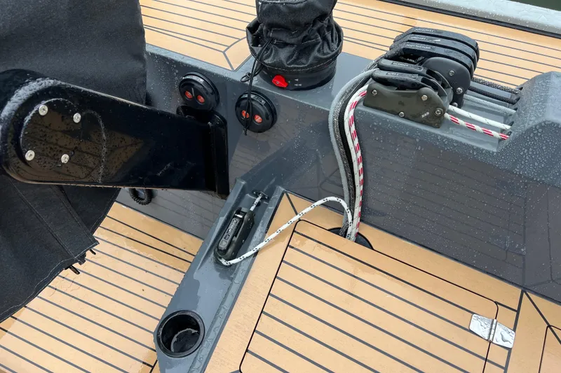 Slide: The Image of Close-up of 2022 Saffier 33 Life yacht deck with control panel and ropes. - 12
