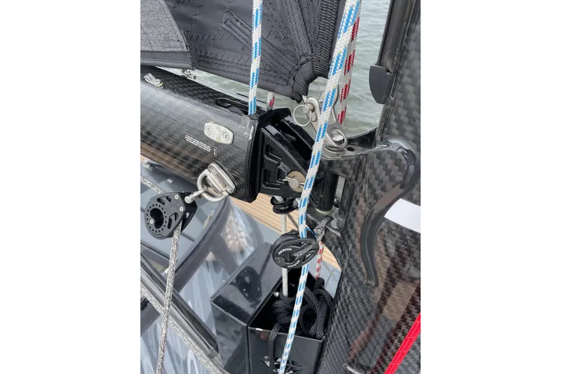 Slide: The Image of Close-up of 2022 Saffier 33 Life sailboat rigging and carbon fiber components. - 22