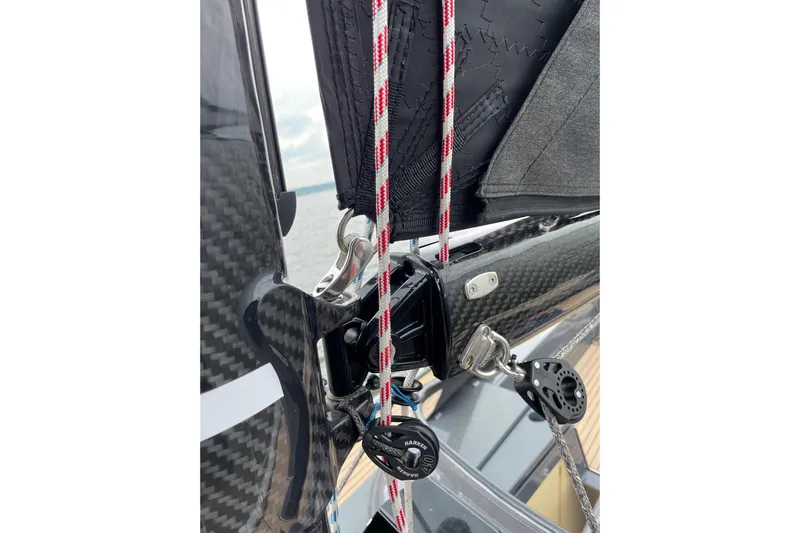 Slide: The Image of Close-up of 2022 Saffier 33 Life sailboat rigging and carbon fiber components. - 23