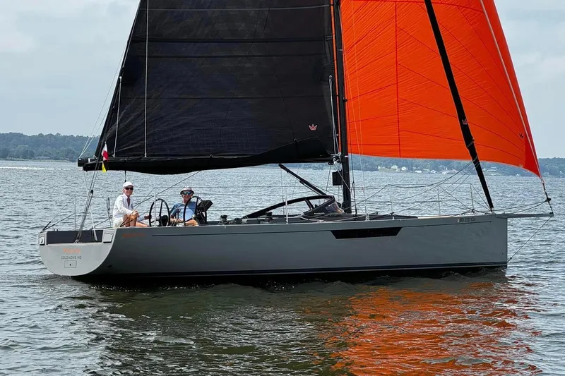 Slide: The Image of Saffier 33 Life 2022 sailboat with black and orange sails on calm water. - 5