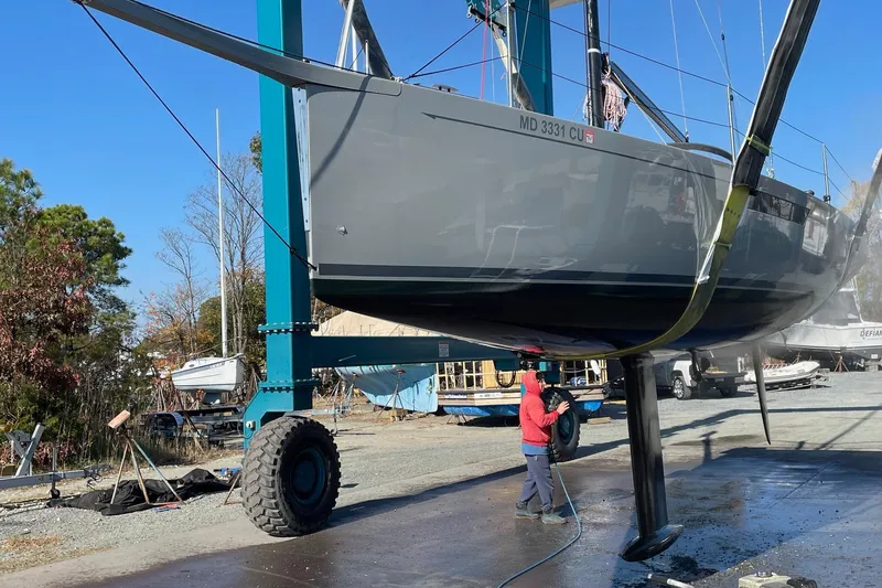 Slide: The Image of 2022 Saffier 33 Life sailboat being cleaned at a boatyard. - 7