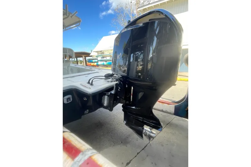 Slide: The Image of 2015 Barker Boatworks 26 Bay engine mount and cables close-up. - 29