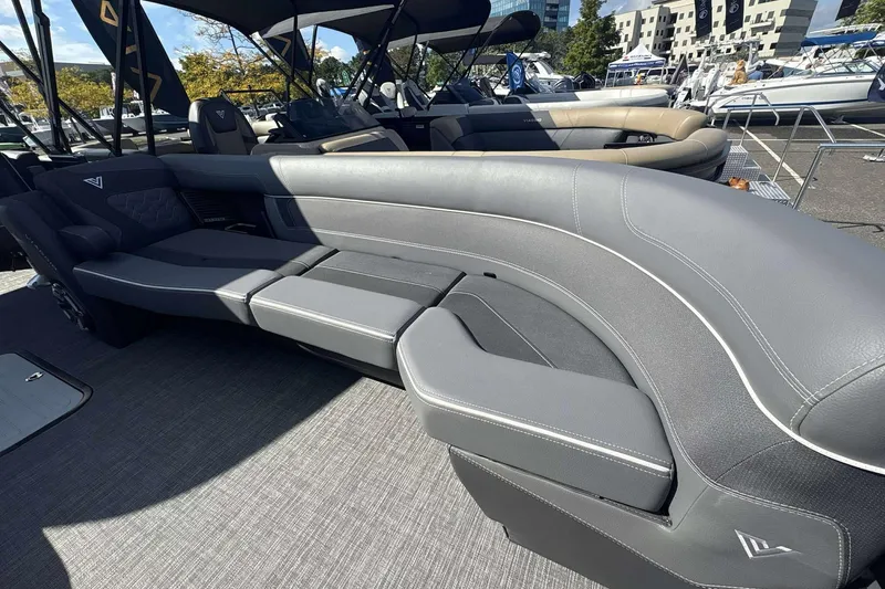Slide: The Image of Luxurious seating on 2026 Viaggio D26U boat, featuring sleek gray upholstery and modern design. - 7