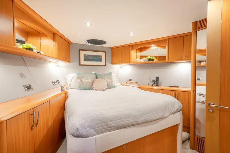 Slide: The Image of Luxurious 2008 Lazzara Motor Yacht bedroom with elegant wood cabinetry and cozy bedding. - 36