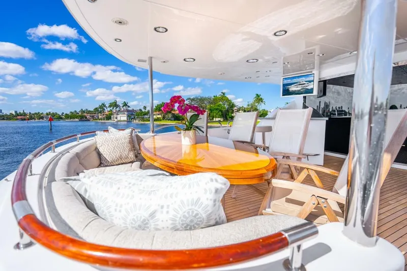 Slide: The Image of Luxurious 2008 Lazzara motor yacht deck with elegant seating and scenic waterfront view. - 56
