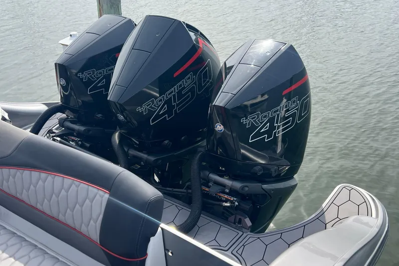 Slide: The Image of Triple Mercury Racing 450 engines on a 2021 Fountain 39 NX boat. - 9