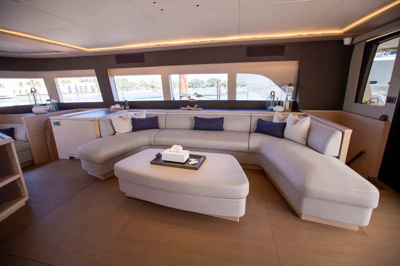 Slide: The Image of Luxurious interior of 2021 Lagoon Seventy 7 yacht with elegant seating and modern design. - 17