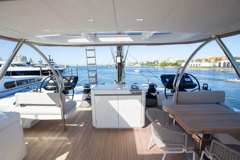 Slide: The Image of Luxurious 2021 Lagoon Seventy 7 yacht deck with seating and ocean view. - 46