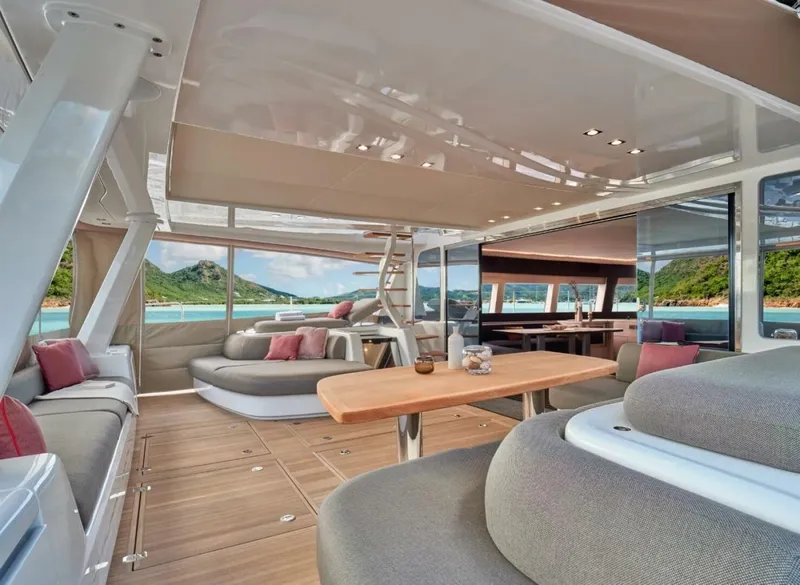 Slide: The Image of Luxurious interior of 2021 Lagoon Seventy 7 yacht with scenic ocean view. - 5