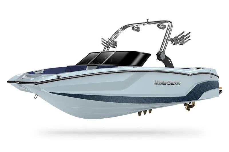 Slide: The Image of 2022 MasterCraft NXT24 boat on lift, showing propeller and hull above water. - 12