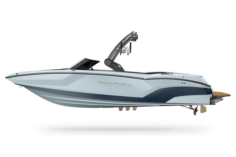 Slide: The Image of 2022 MasterCraft NXT24 boat logo on white hull. - 13