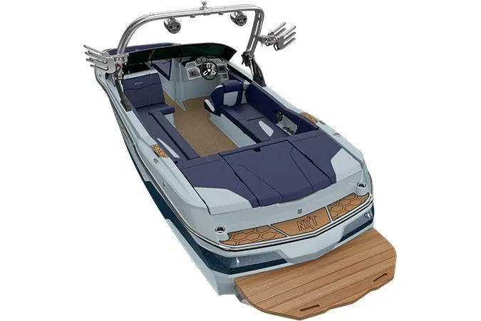 Slide: The Image of 2022 MasterCraft NXT24 boat in parking lot, showcasing sleek design and modern features. - 14