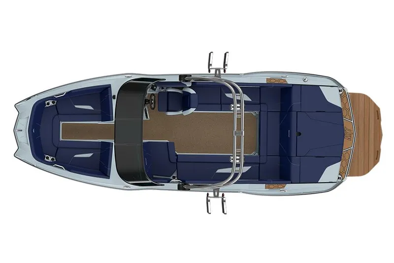 Slide: The Image of 2022 MasterCraft NXT24 boat on trailer in parking lot, clear sky background. - 16