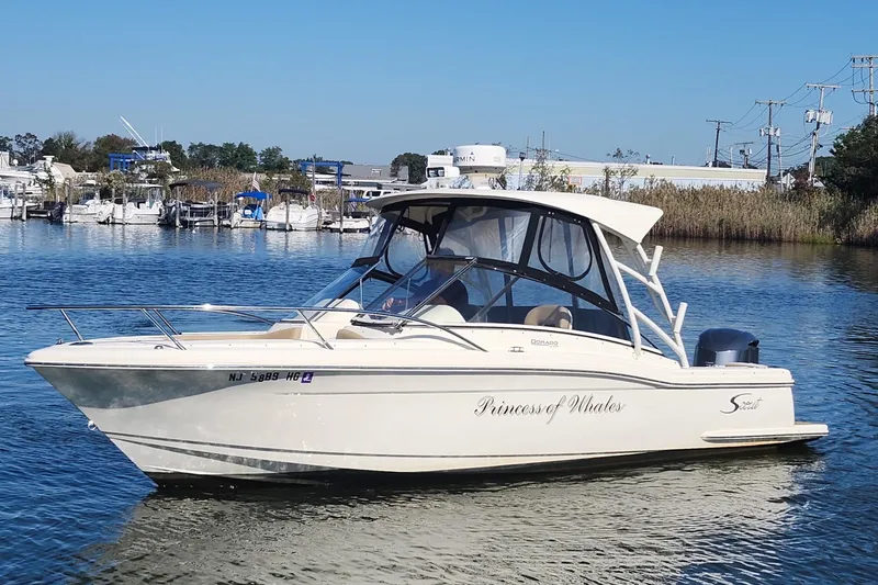 Slide: The Image of 2015 Scout 245 Dorado boat named "Princess of Whales" on calm water. - 3