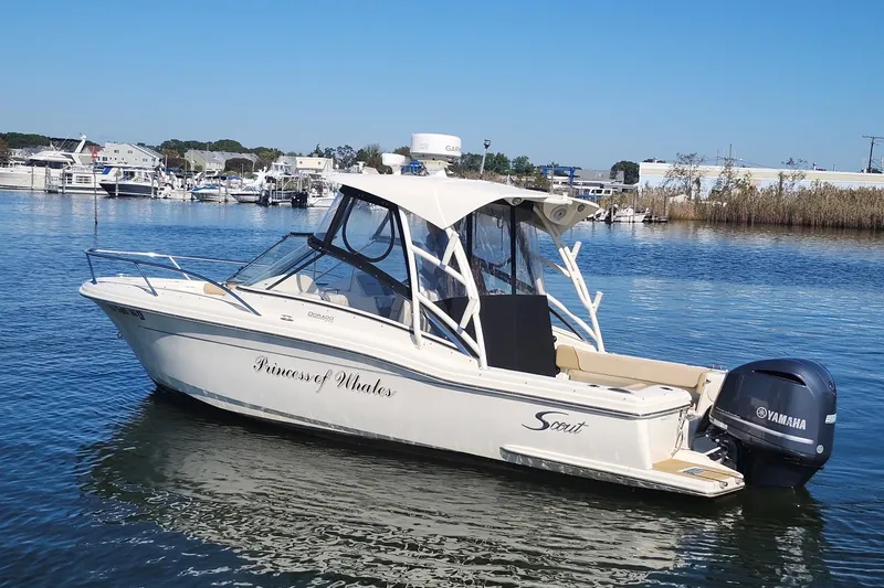 Slide: The Image of 2015 Scout 245 Dorado boat with Yamaha engine on calm water. - 8