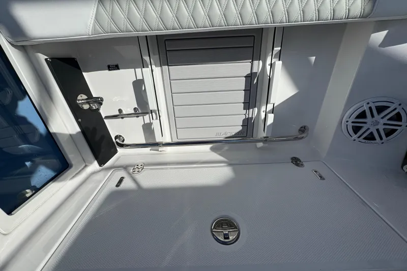 Slide: The Image of 2025 Blackfin 272 DC boat with dual Mercury engines on a sunny day. - 25