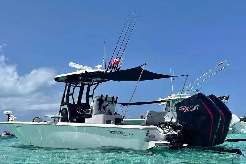Slide: The Image of 2023 Tidewater 2700 Carolina Bay boat on clear water, equipped with fishing rods and Mercury engine. - 30