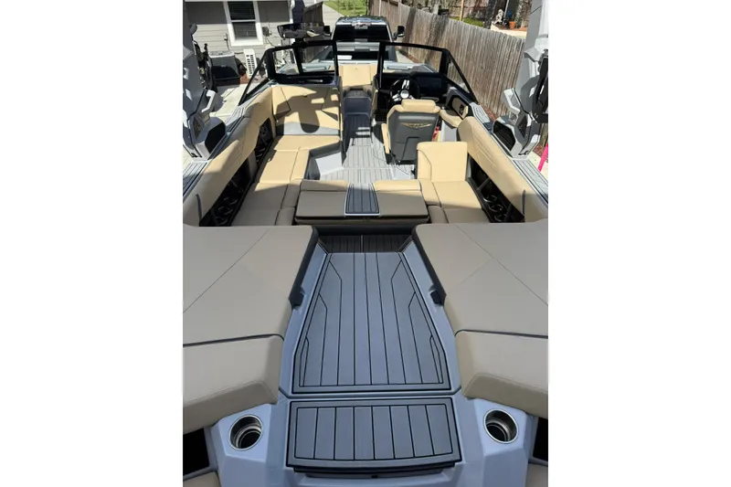Slide: The Image of 2024 Nautique Super Air Nautique S23 interior with beige seating and sleek design. - 18
