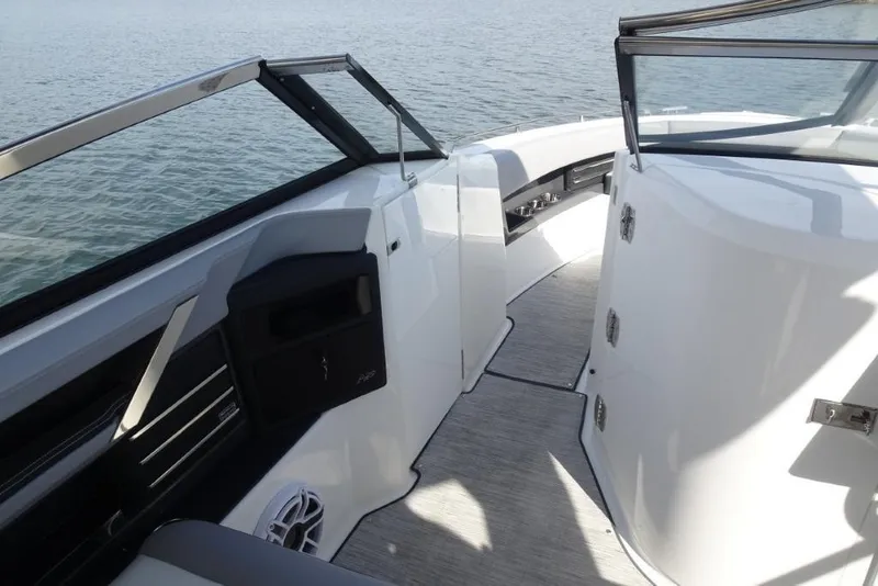 Slide: The Image of 2026 Cobalt A29 boat interior with sleek design and modern features on open water. - 17