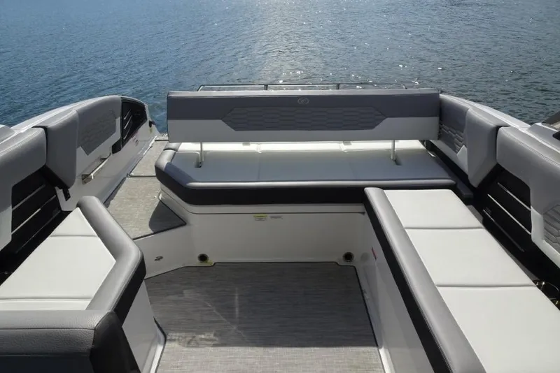 Slide: The Image of 2026 Cobalt A29 boat interior with spacious seating and modern design on open water. - 24