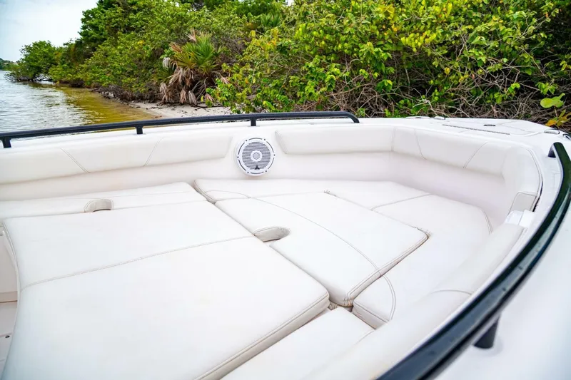 Slide: The Image of 2018 Everglades 243 Center Console boat with cushioned seating near lush shoreline. - 15