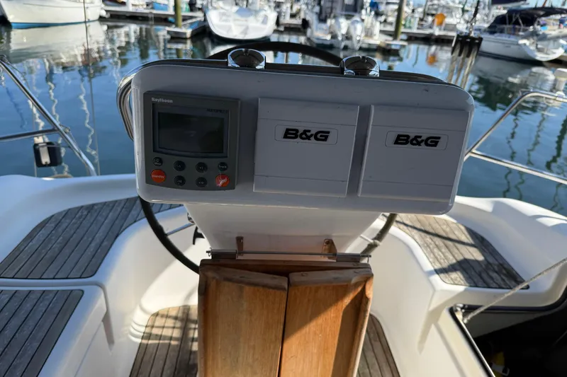 Slide: The Image of Cockpit of 2002 Bavaria 37 Sloop with B&G navigation equipment at marina. - 5