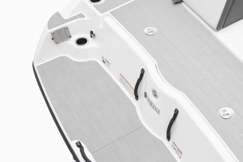 Slide: The Image of 2026 Yamaha Boats AR250 swim platform with sleek design and integrated handles. - 2