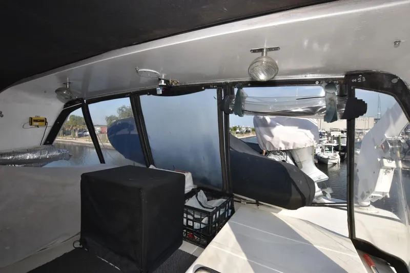 Slide: The Image of Interior view of 1990 Californian 45 Motor Yacht with marina backdrop. - 62