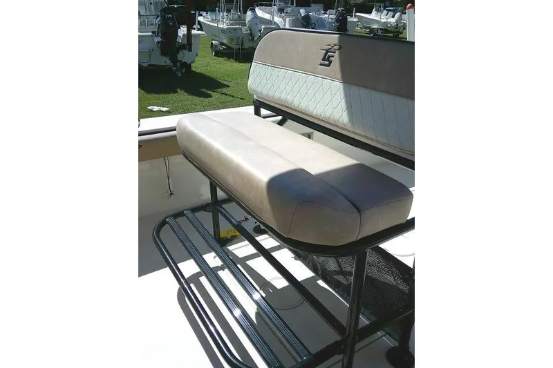 Slide: The Image of 2023 Carolina Skiff 26 Ultra Elite boat seat with cushioned bench and backrest. - 34