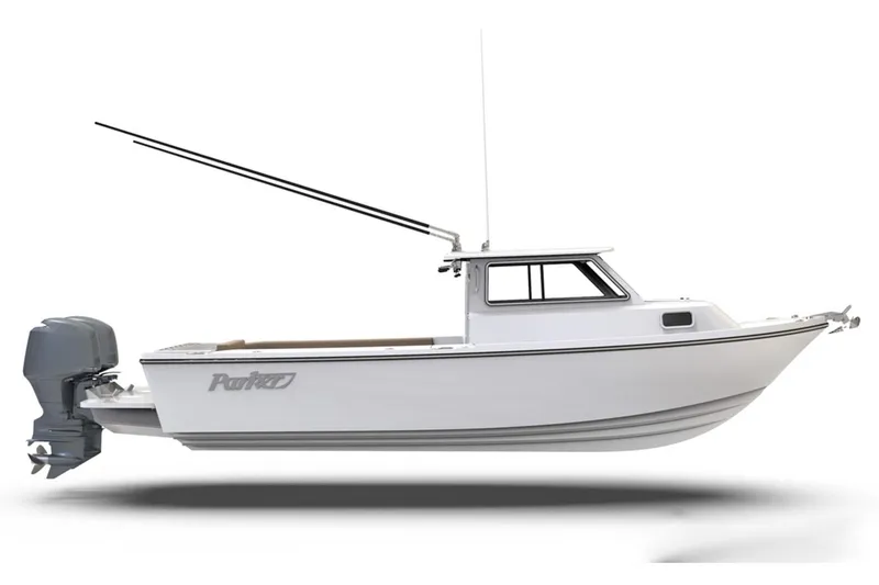 Slide: The Image of Manufacturer Provided Image: 2025 Parker 2420 Sport Cabin boat, side view, white hull, outboard motor. - 3