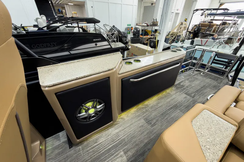 Slide: The Image of Luxurious interior of 2026 Godfrey Sanpan 25' Tritoon with modern amenities and sleek design. - 43
