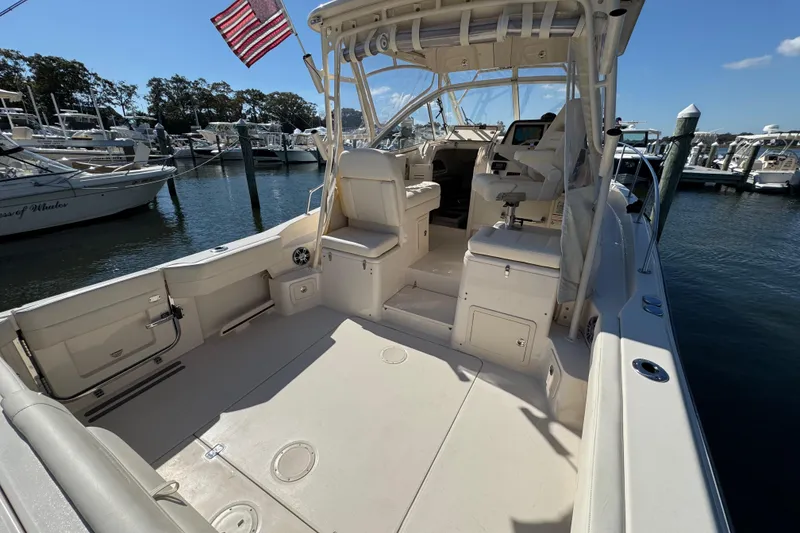 Slide: The Image of 2024 Grady-White Marlin 300 boat with engine flush and ladder details. - 43