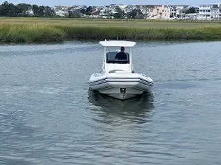 Slide: The Image of 2026 Brig Eagle 8 boat navigating calm waters near grassy shoreline. - 8