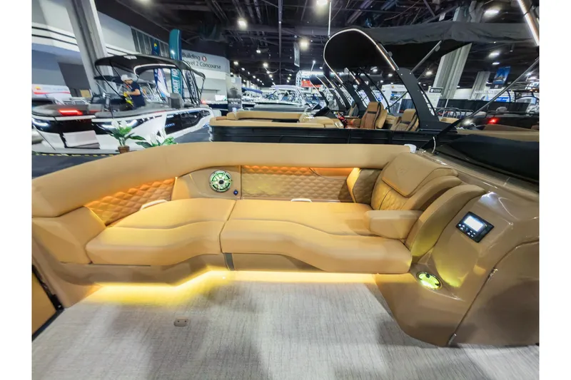 Slide: The Image of Luxurious interior of 2026 Godfrey SanPan 25' Split Bench Co-Captain pontoon boat. - 12